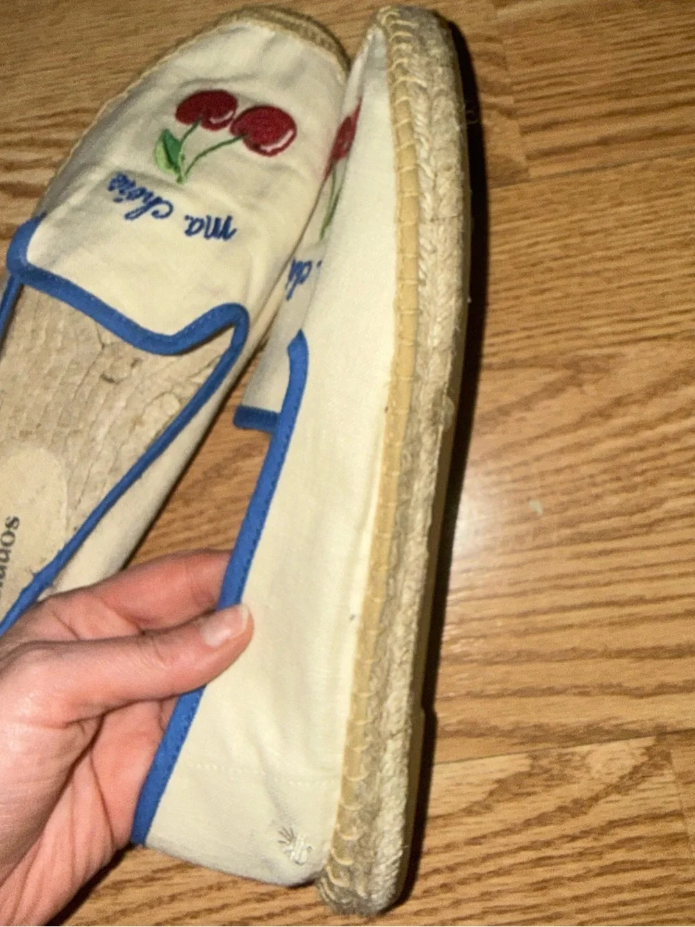Soludos Ma Chérie Cherry Embroidered Espadrilles in White with Blue Trim
